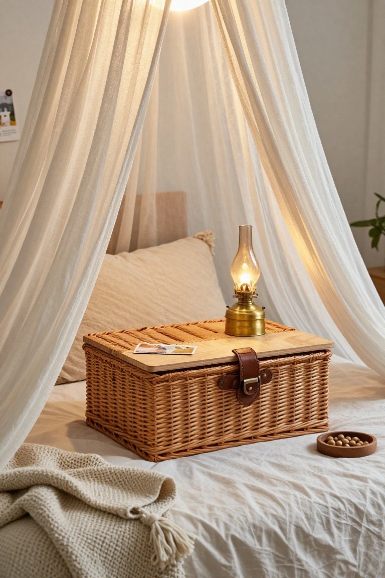 A woven basket with a wooden lid is used as a bedside table on a bed with white linens, holding a lit oil lamp and a small card.