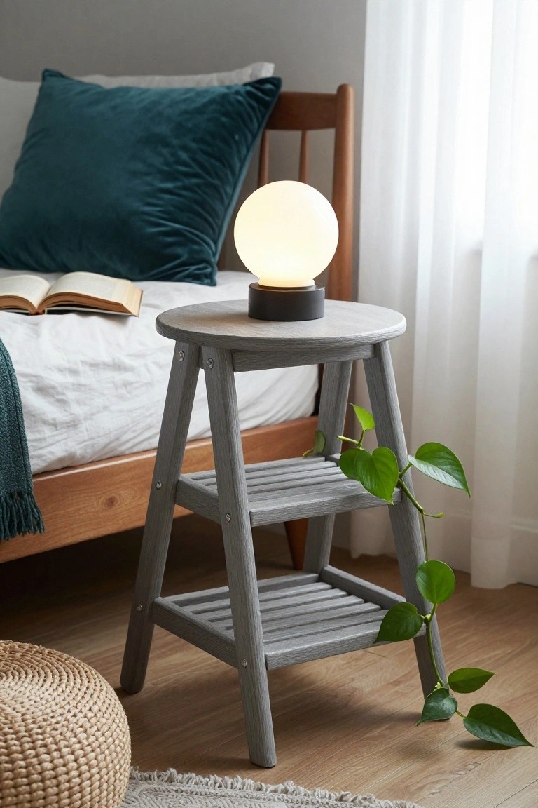 Gray wooden step stool with glowing orb lamp and trailing plant.