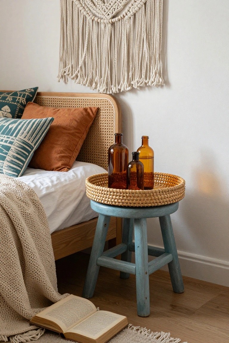 Cozy bedroom corner with woven stool, amber bottles, macrame, and open book.