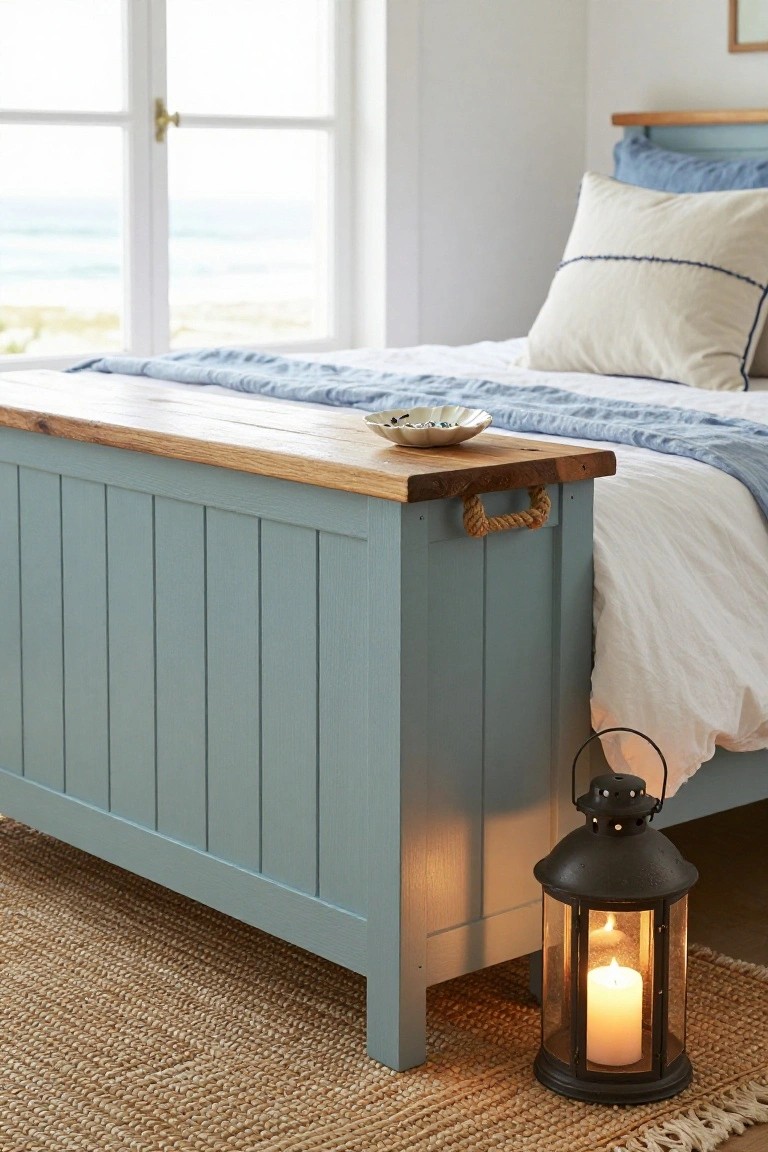 Blue wooden storage bench with rope handles beside a bed.