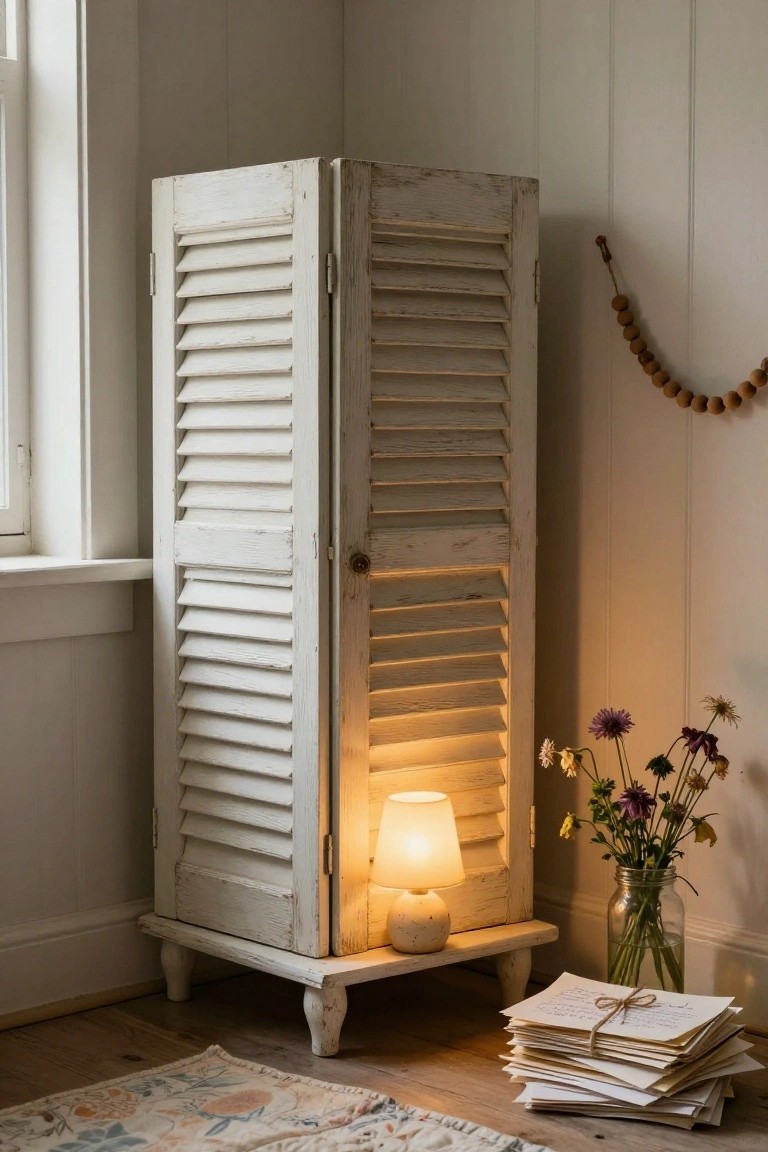 A tall white distressed cabinet with louvered doors stands on short legs beside a window, with a small lamp glowing in front and flowers nearby.