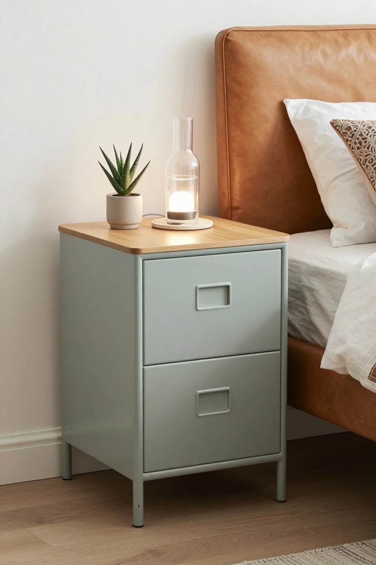 Sage green nightstand with wooden top beside leather bed.