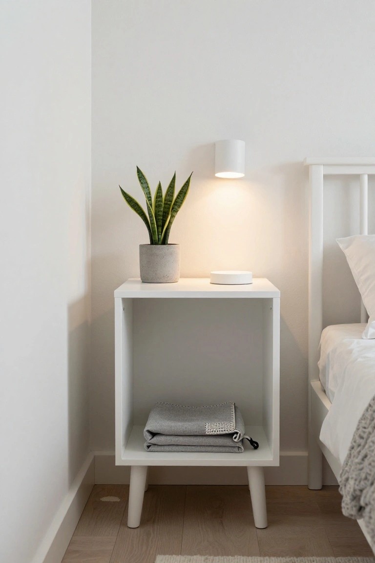 A white cube bedside table with four legs and an open bottom shelf holding folded gray blankets, topped with a potted snake plant and a small round object, next to a bed with white linens.