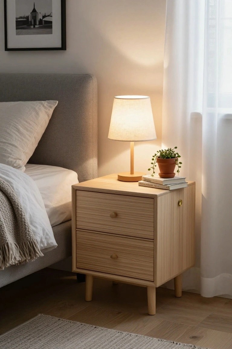 A light wood bedside table with two drawers stands next to a bed, holding a lamp, two books, and a small potted plant.
