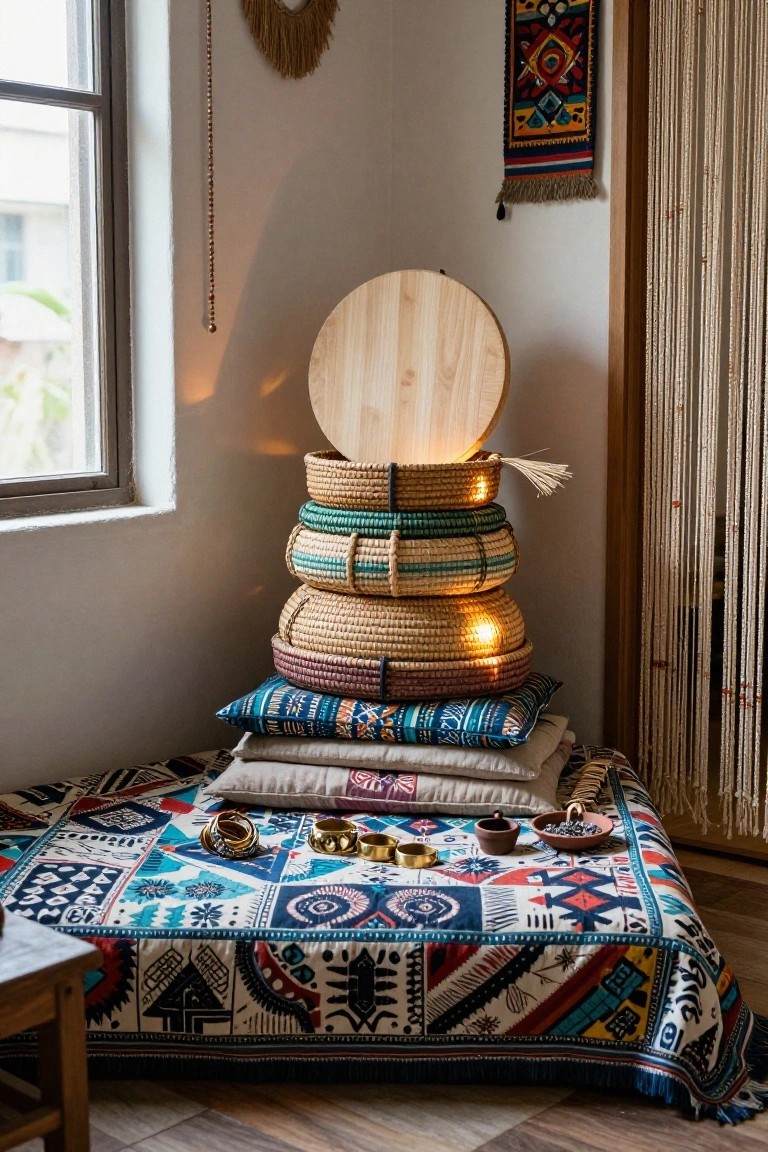 Stacked woven baskets with glowing lights atop colorful patterned bedding.