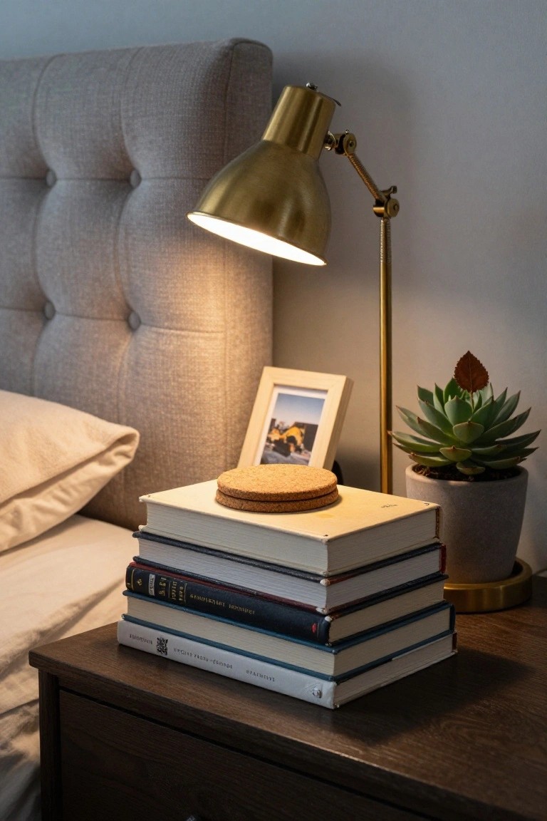 A stack of books with a cork coaster on top functions as a bedside table, holding a brass lamp beside a bed with a potted plant nearby.