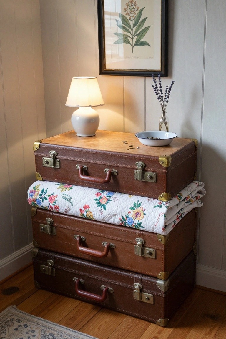 Stacked vintage brown suitcases topped with lamp and floral quilt.