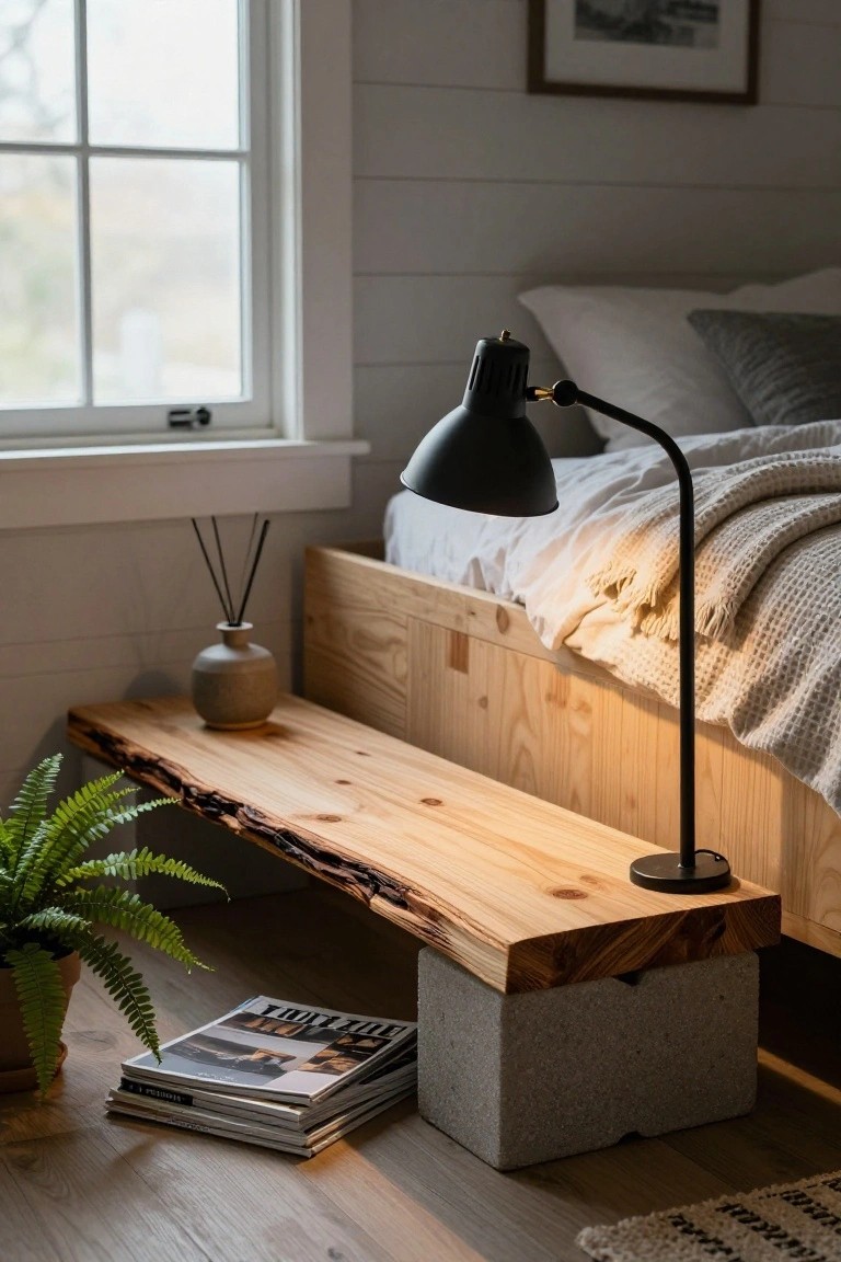 A wooden live-edge plank supported by a concrete block functions as a bedside table beside a bed, holding a black lamp and with magazines stacked below.