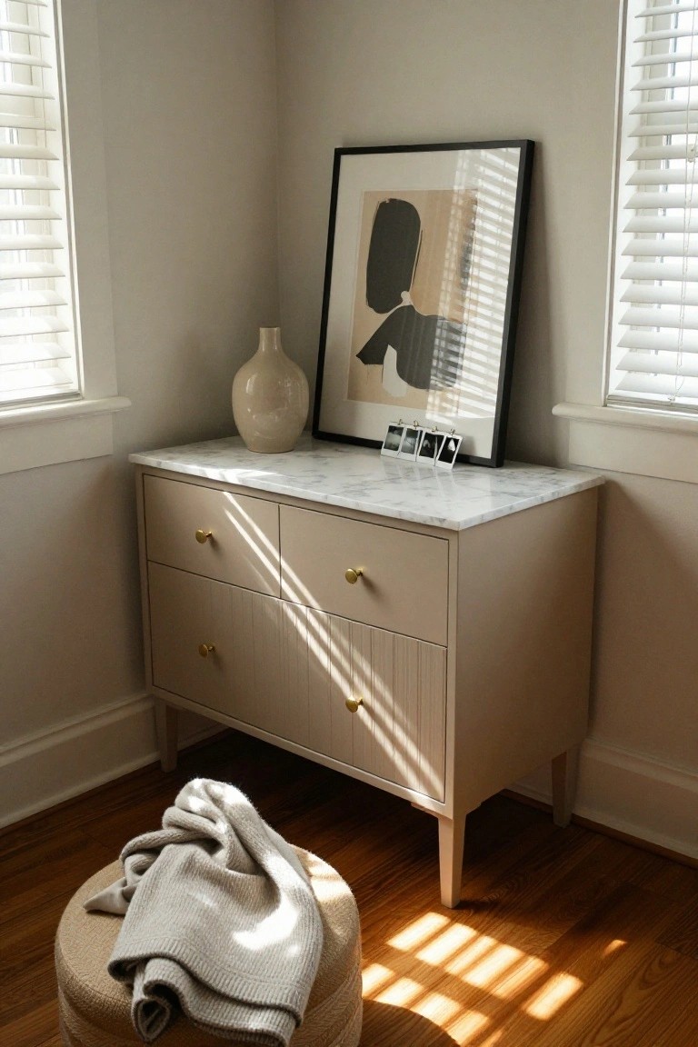 A beige dresser with a white marble top is placed between two windows, topped with a vase and framed abstract art.