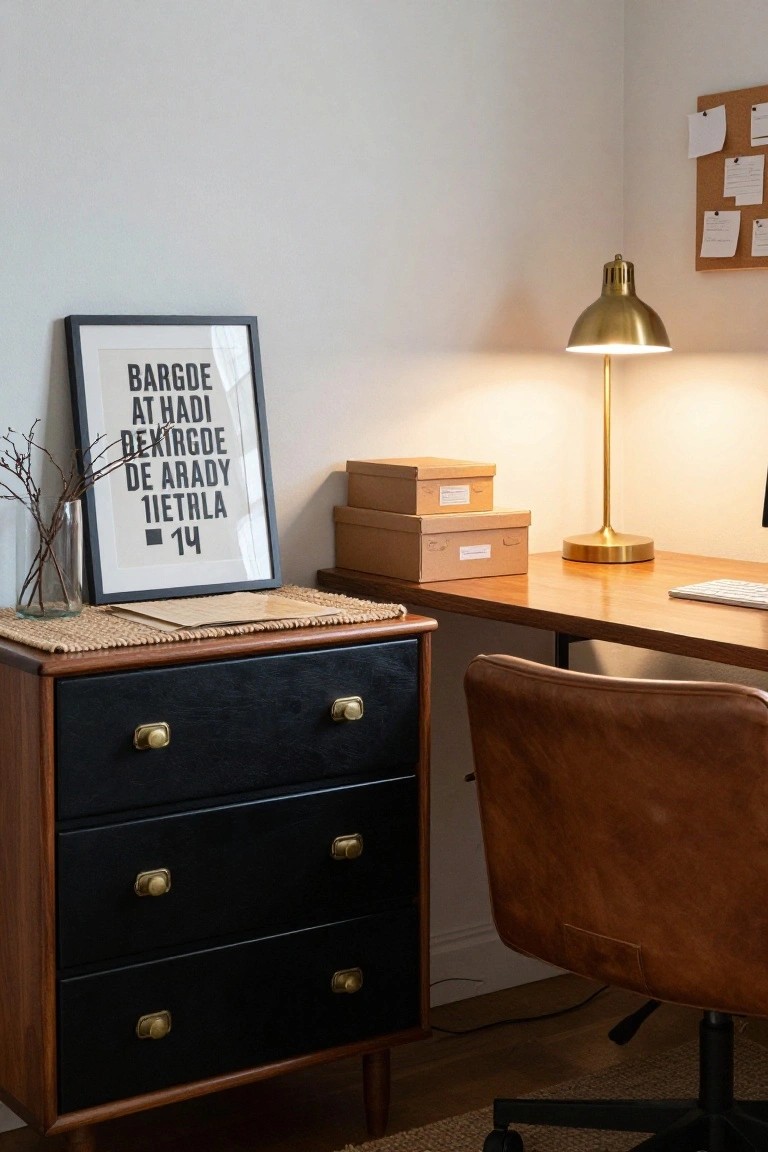 Mid-century wooden desk with black drawers, leather chair, and brass lamp.