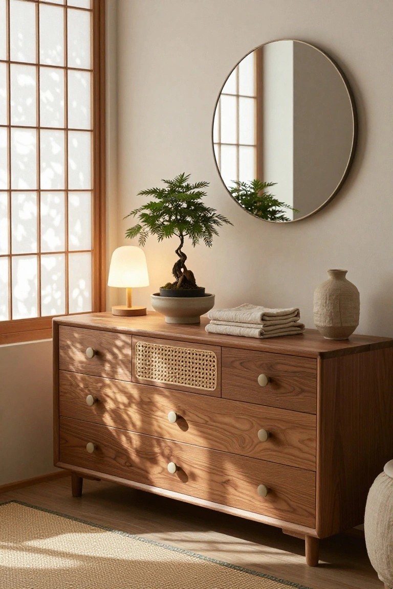 A wooden dresser with four drawers sits under a round mirror, featuring a woven cane panel on the top center drawer and a small lamp and bonsai plant on top.