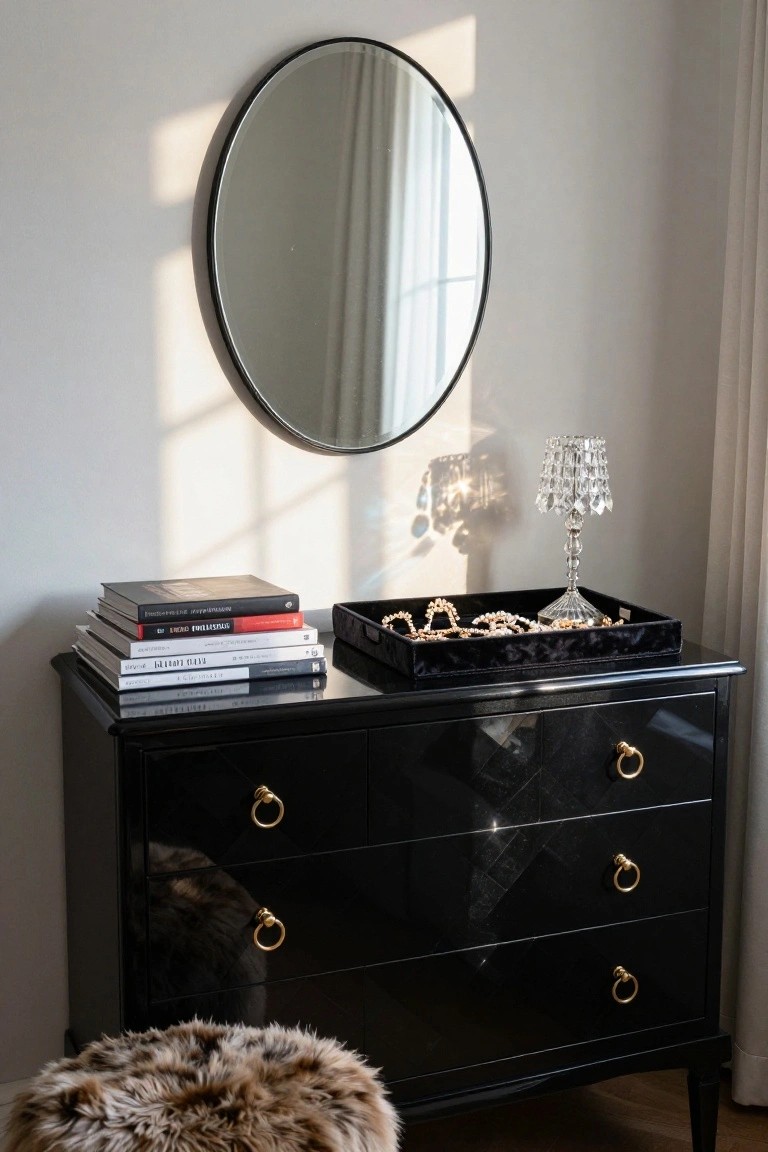 Black dresser with gold handles, mirror, books, jewelry tray, and crystal lamp.