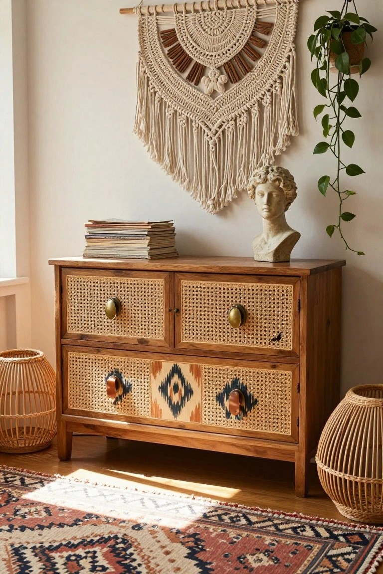 Wooden dresser with woven rattan drawers and boho decor accents.