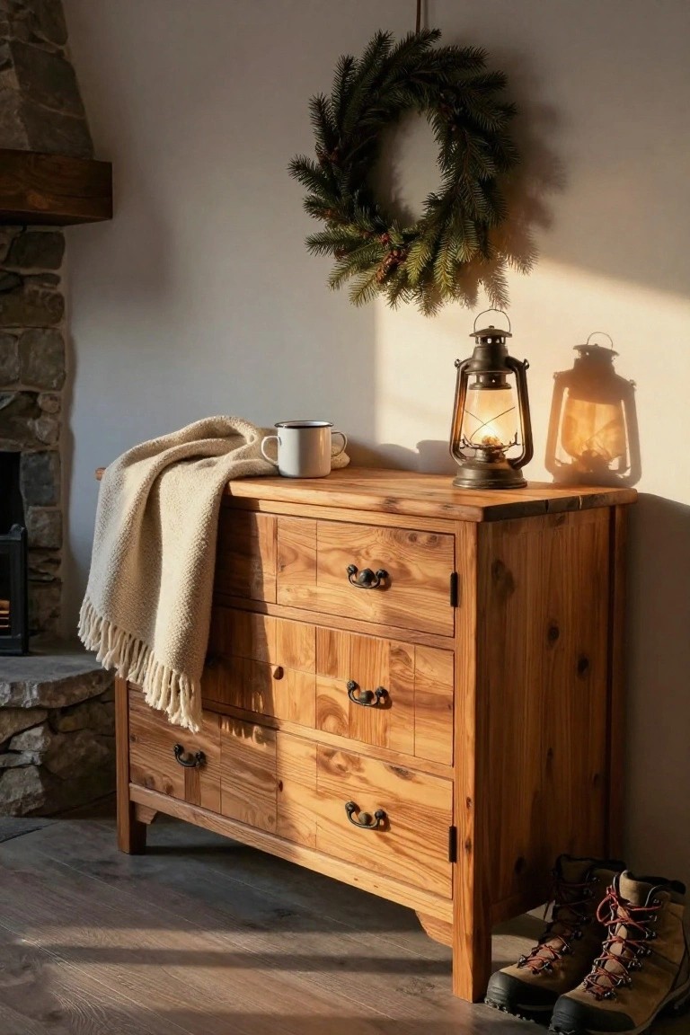 A wooden dresser with multiple drawers sits against a white wall beside a stone fireplace, topped with lanterns and a hanging evergreen wreath.