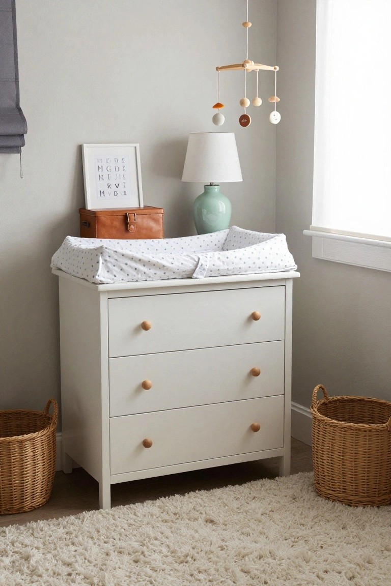 White dresser with polka-dot changing pad and nursery decor.
