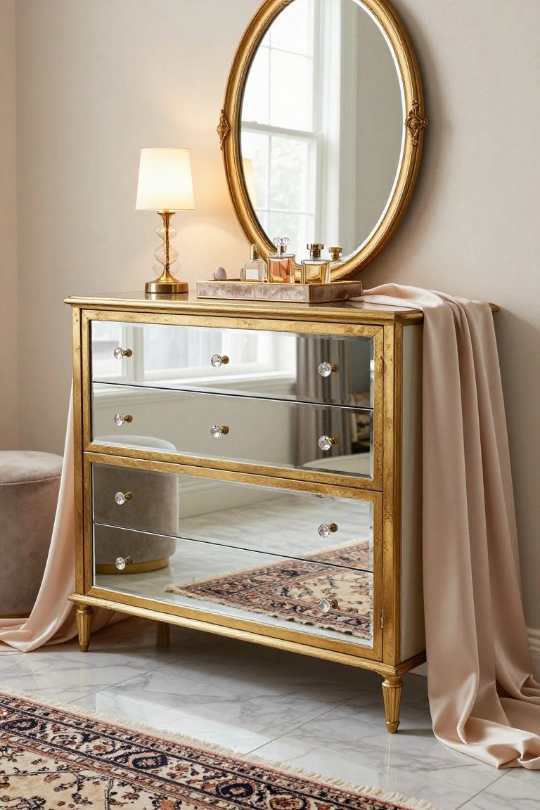 Elegant gold-framed mirrored dresser with crystal knobs and round mirror.