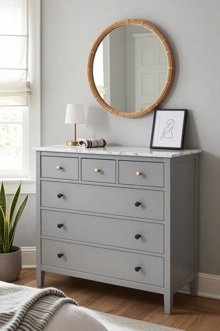 Gray dresser with marble top, round rattan mirror, and gold knobs.