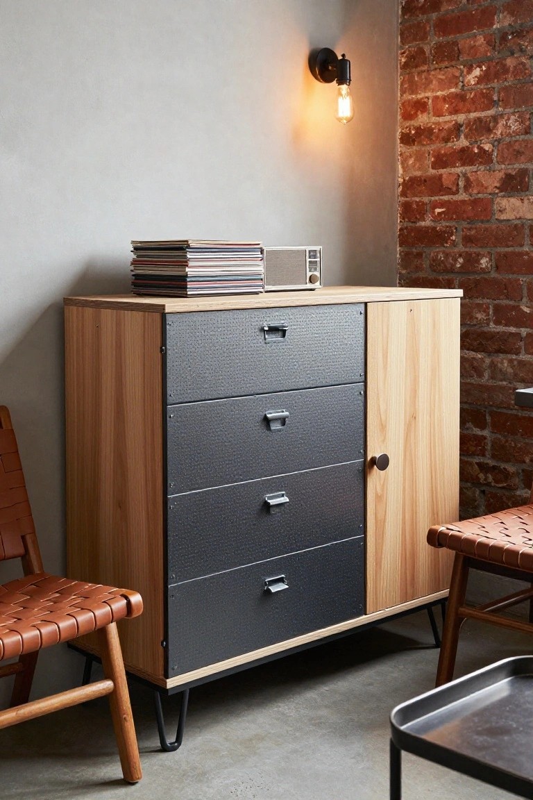 A light wood dresser with four black textured metal drawers and a right-side cabinet door, topped with a stack of records and a small radio, positioned between two woven leather chairs against a gray wall with exposed brick on the right.