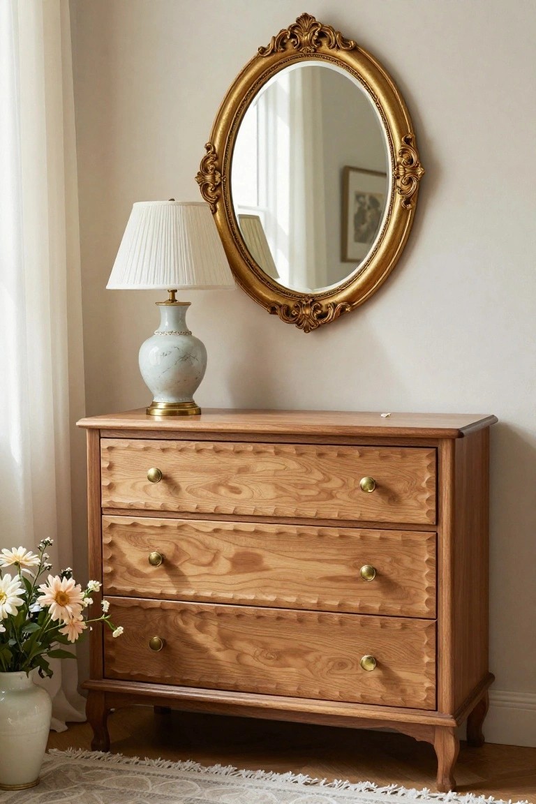 Wooden dresser with ornate gold mirror, table lamp, and floral vase.