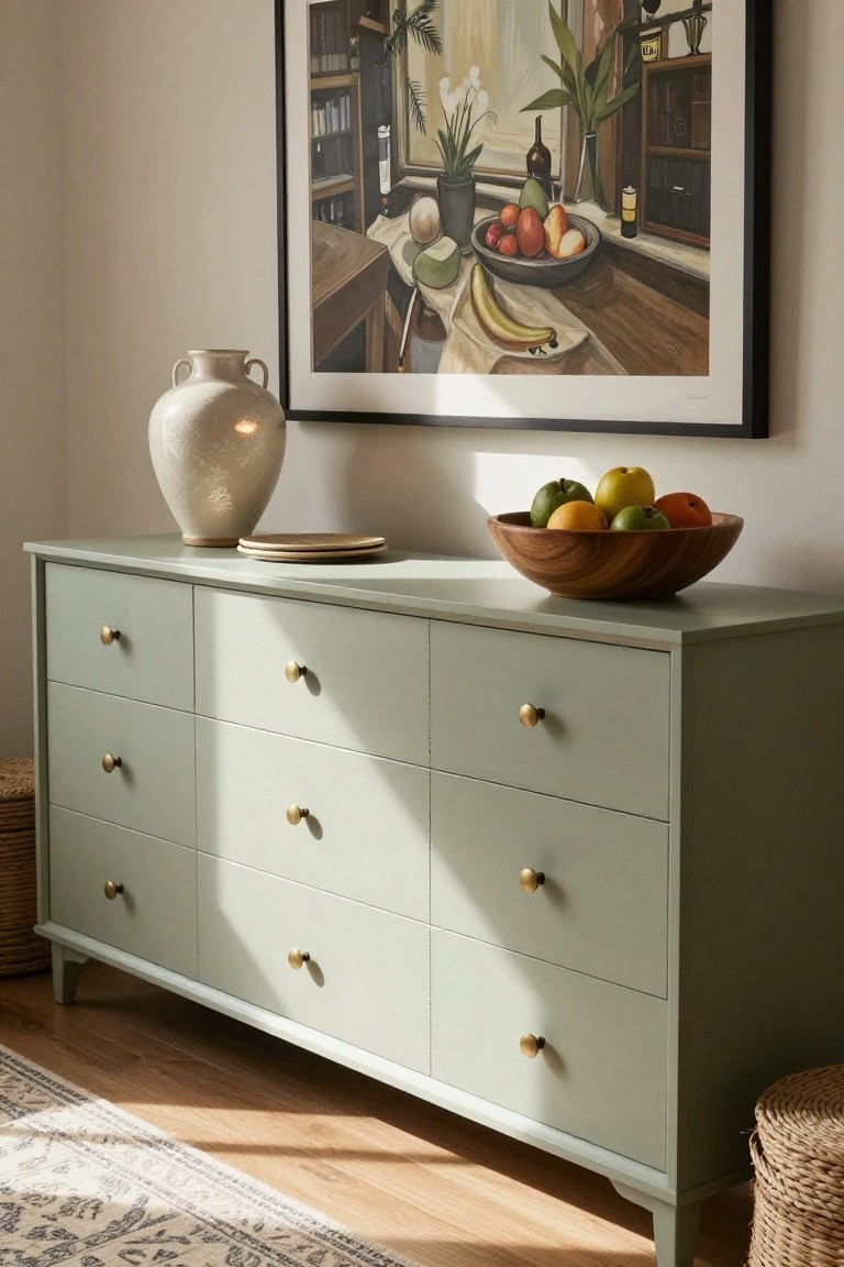 A sage green dresser with brass knobs, topped with a large ceramic vase and a wooden bowl of fruit, with a framed painting hanging above it.