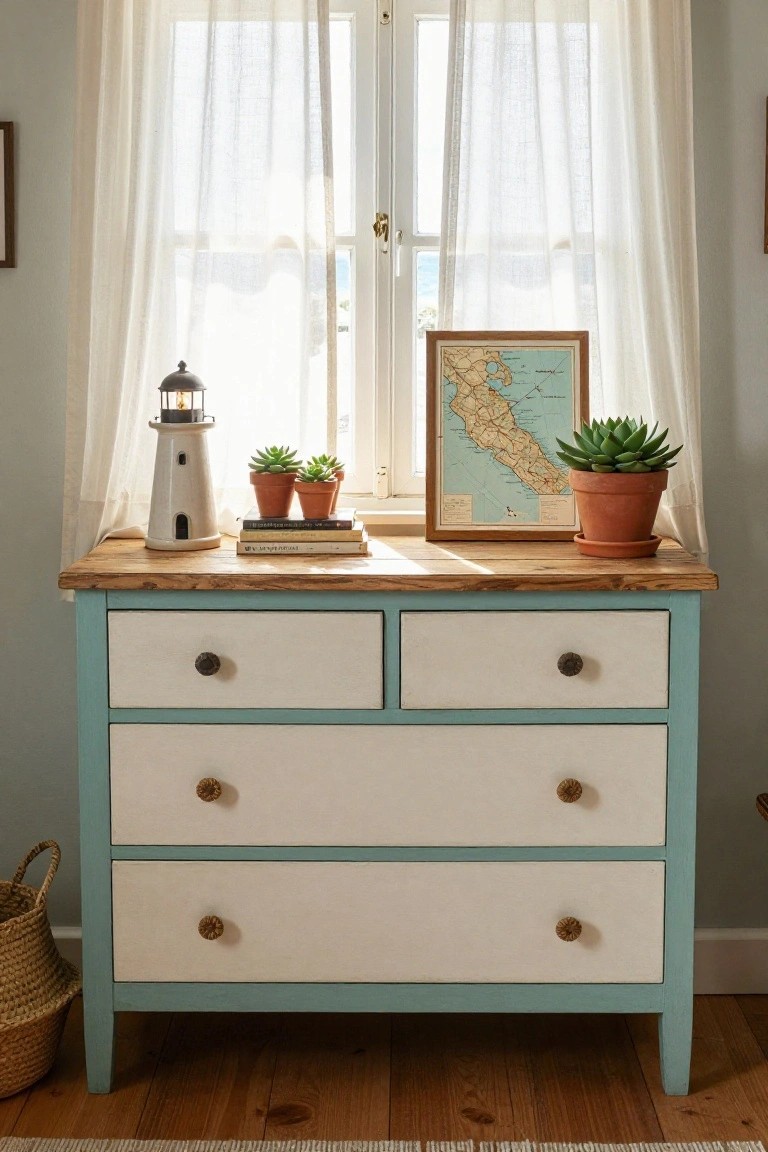 Painted blue-and-white dresser with lighthouse, succulents, and coastal map by window.
