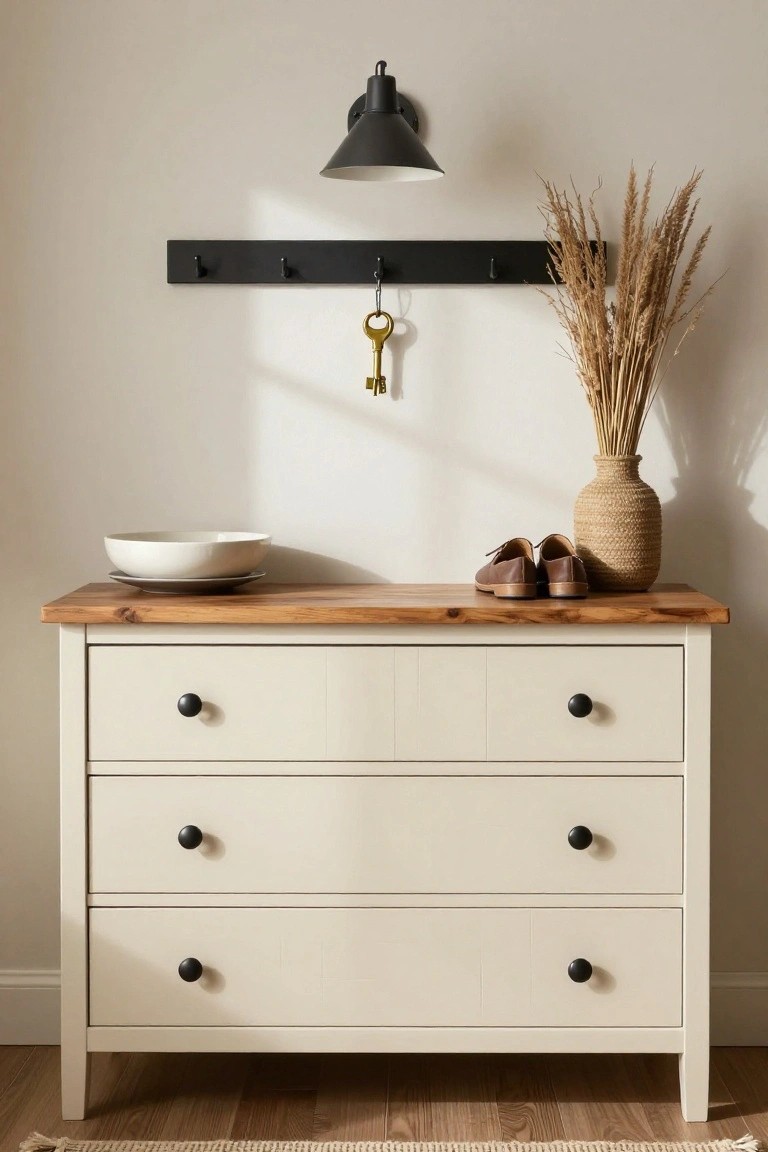A cream painted three-drawer dresser with a wood top holds a white bowl, brown shoes, and a woven vase with dried grasses beneath a black wall rack and sconce.