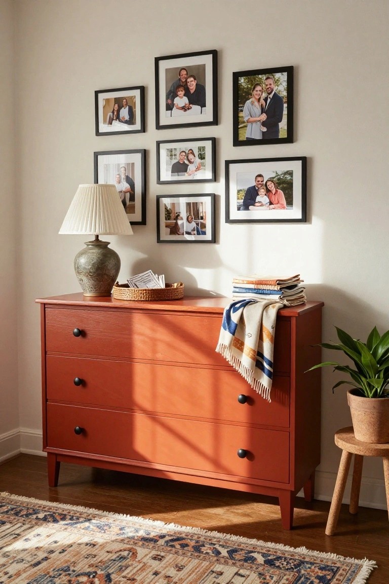 A reddish-orange dresser with black knobs is positioned against a light wall, topped with a lamp and books, and surrounded by framed family photos above it.