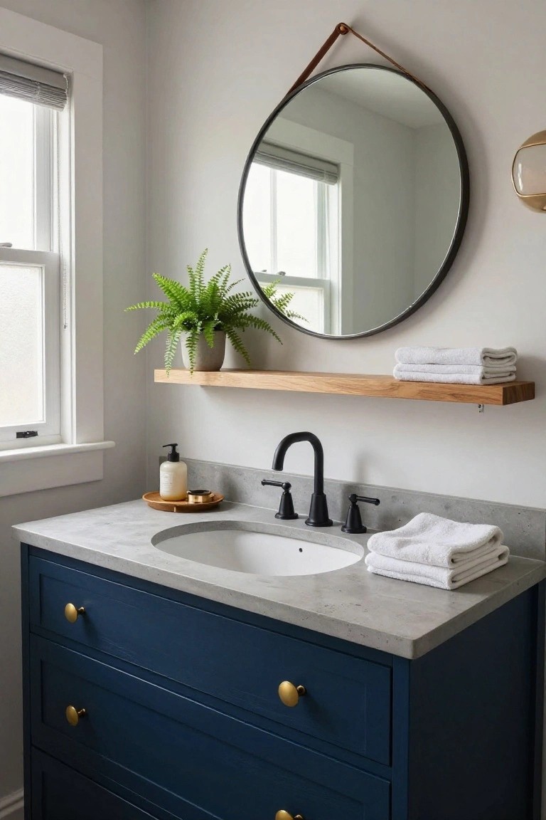 Modern bathroom with navy vanity, round mirror, and concrete countertop.
