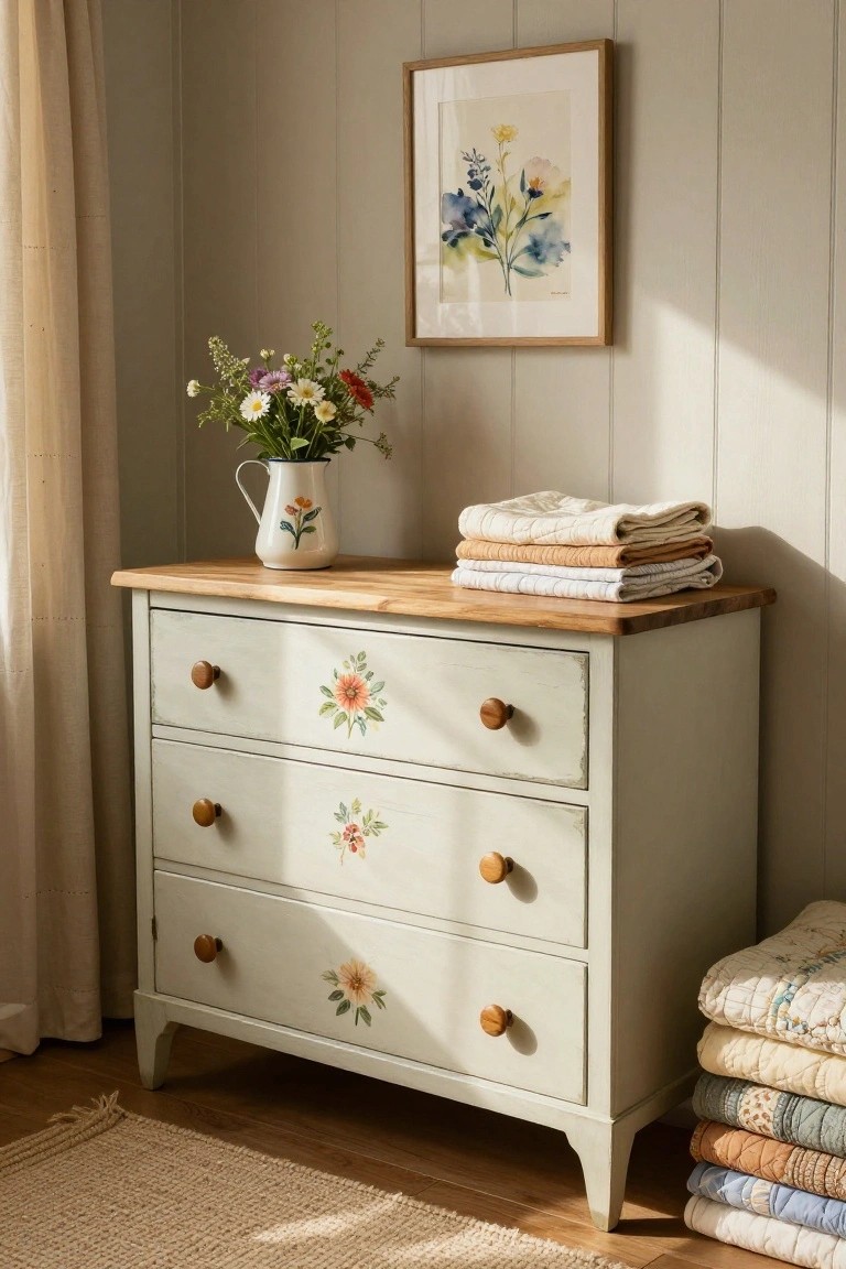 A light green painted dresser with floral decals on the drawers and a wooden top, styled with a vase of flowers and stacked quilts nearby.
