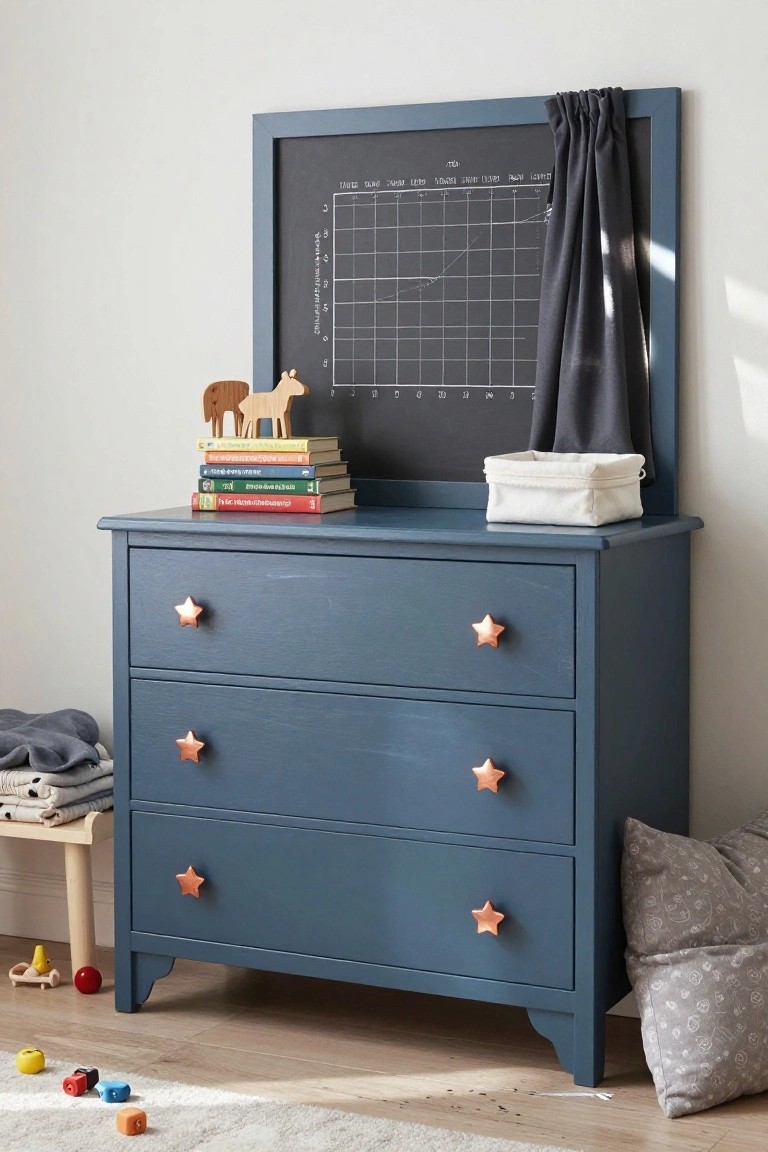 A blue painted dresser with star-shaped knobs under a chalkboard growth chart in a child's room.