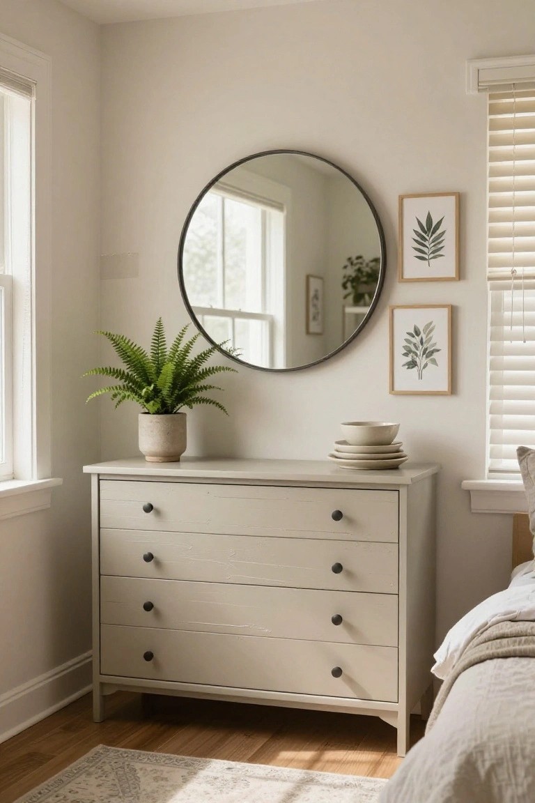 A light painted dresser with six drawers sits under a round mirror in a bedroom, topped with a potted fern and stacked dishes.
