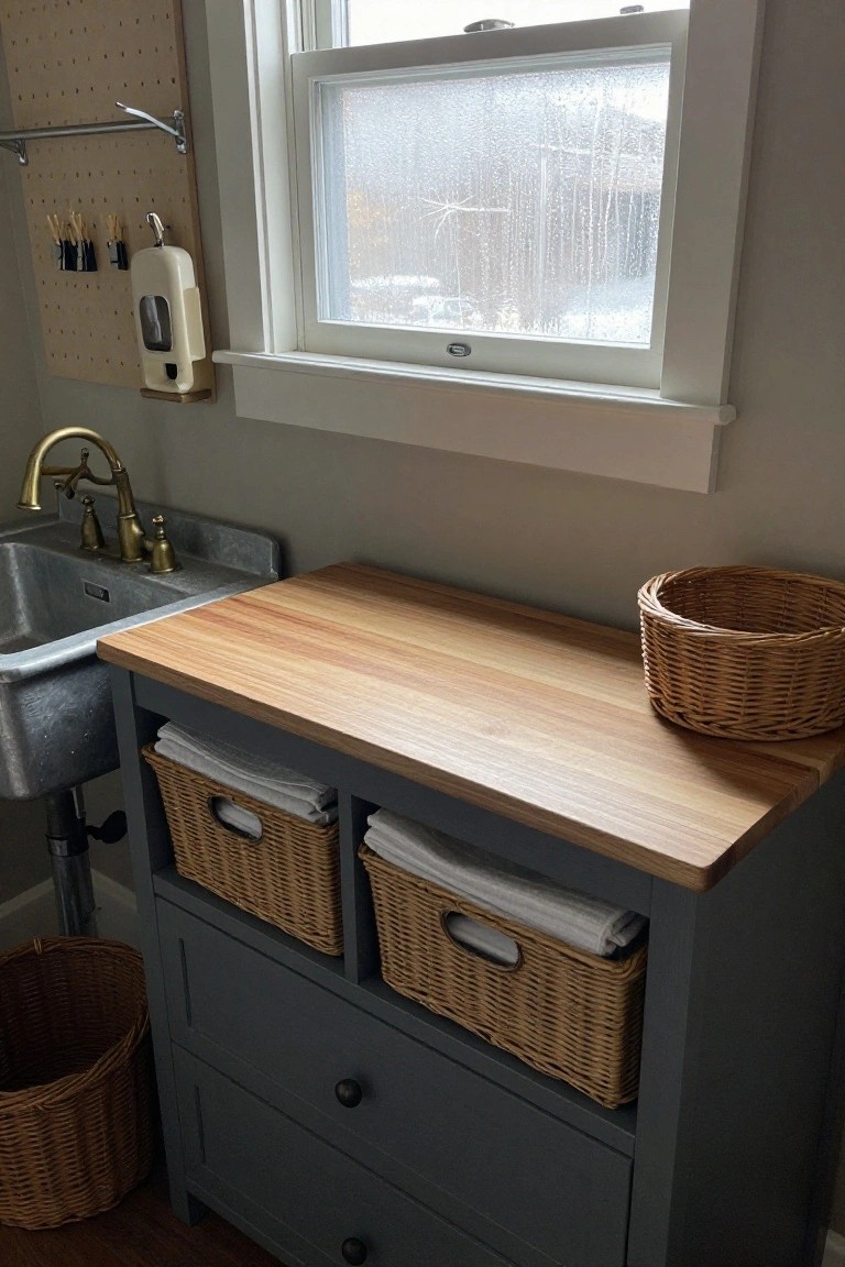 Gray cabinet with wooden top, wicker baskets, and metal utility sink.