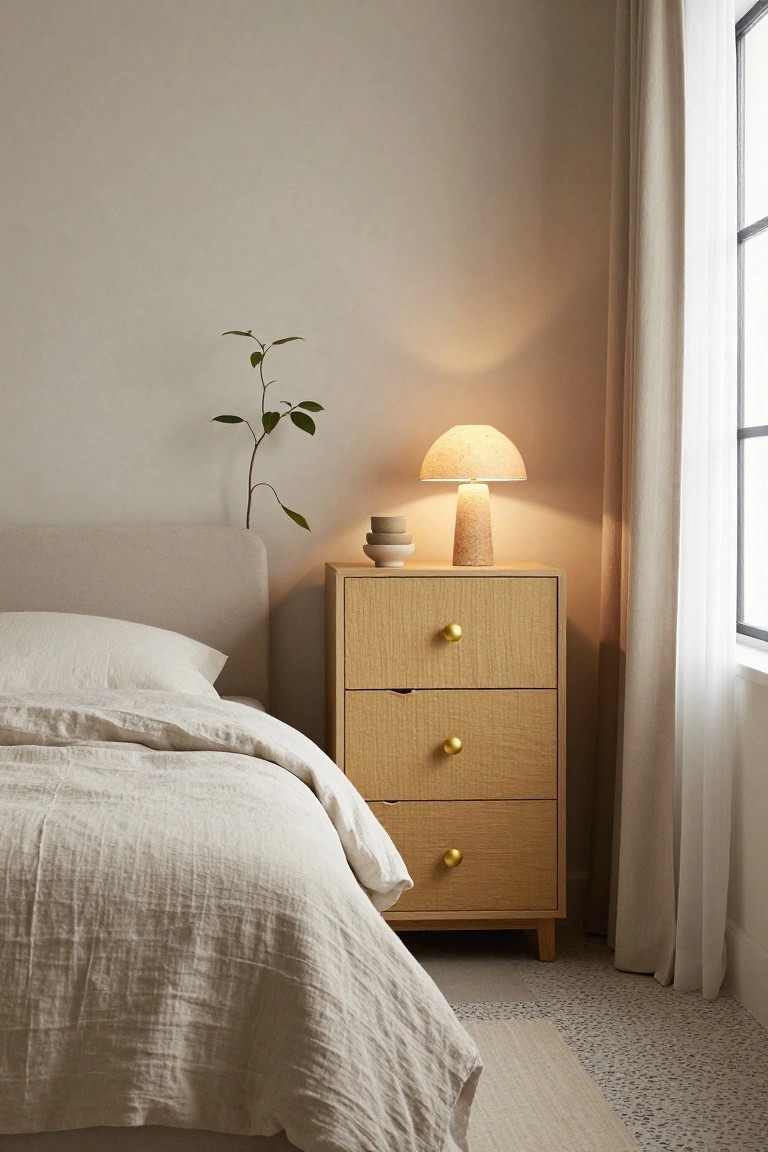 Minimalist bedroom with light wood nightstand, glowing lamp, and neutral linens.