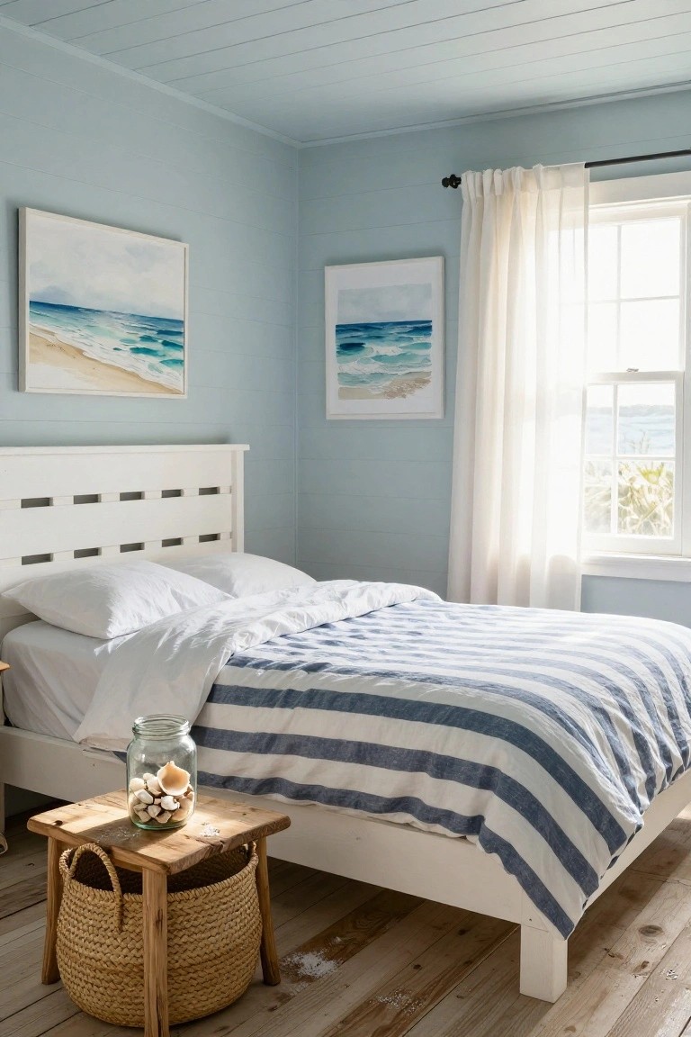 Light blue bedroom with white slatted bed frame, white pillows and blue striped duvet, wooden side table holding glass jar of seashells, woven basket stool, two beach paintings on walls, sheer curtained window showing ocean view, and wood plank flooring.