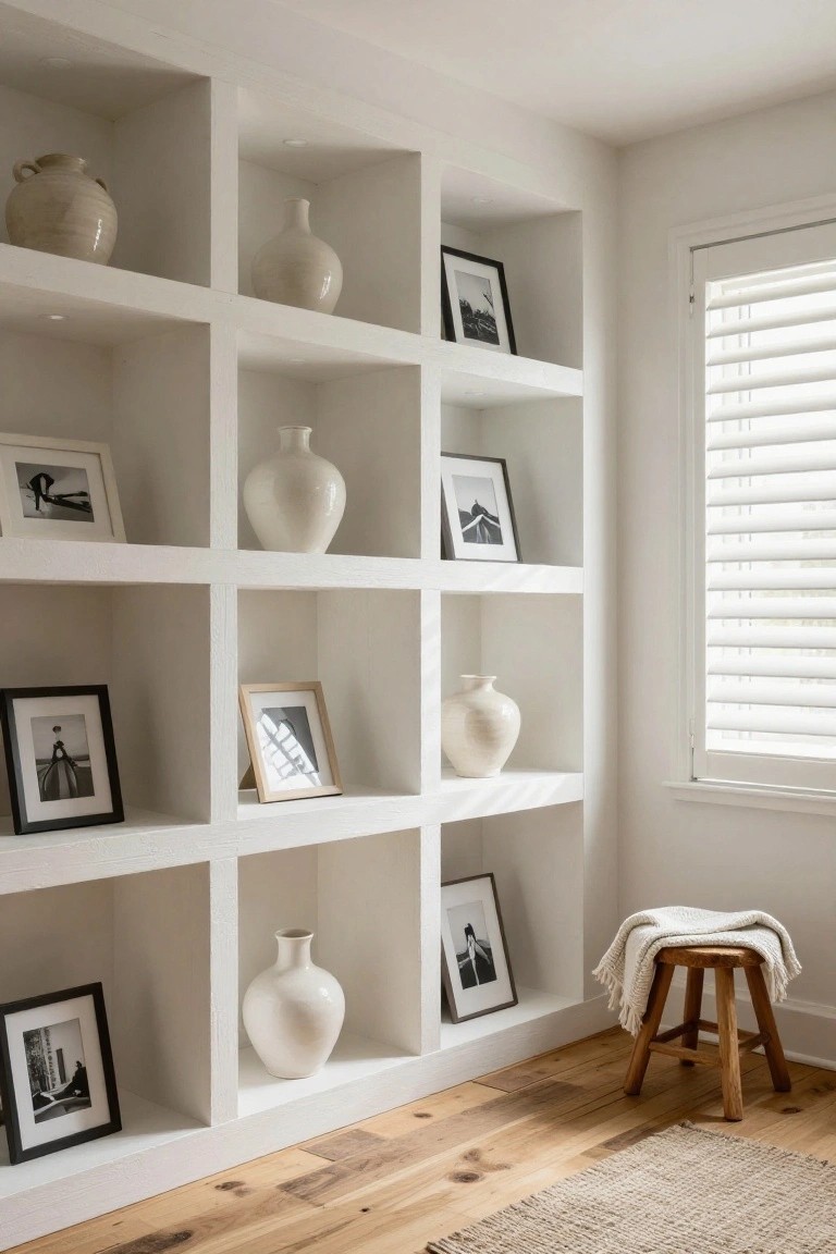 White built-in cube shelving unit in a bright corner room displaying white ceramic vases and black-and-white framed photographs, with a wooden stool draped in a white throw blanket on a wooden floor beside a window with white blinds.