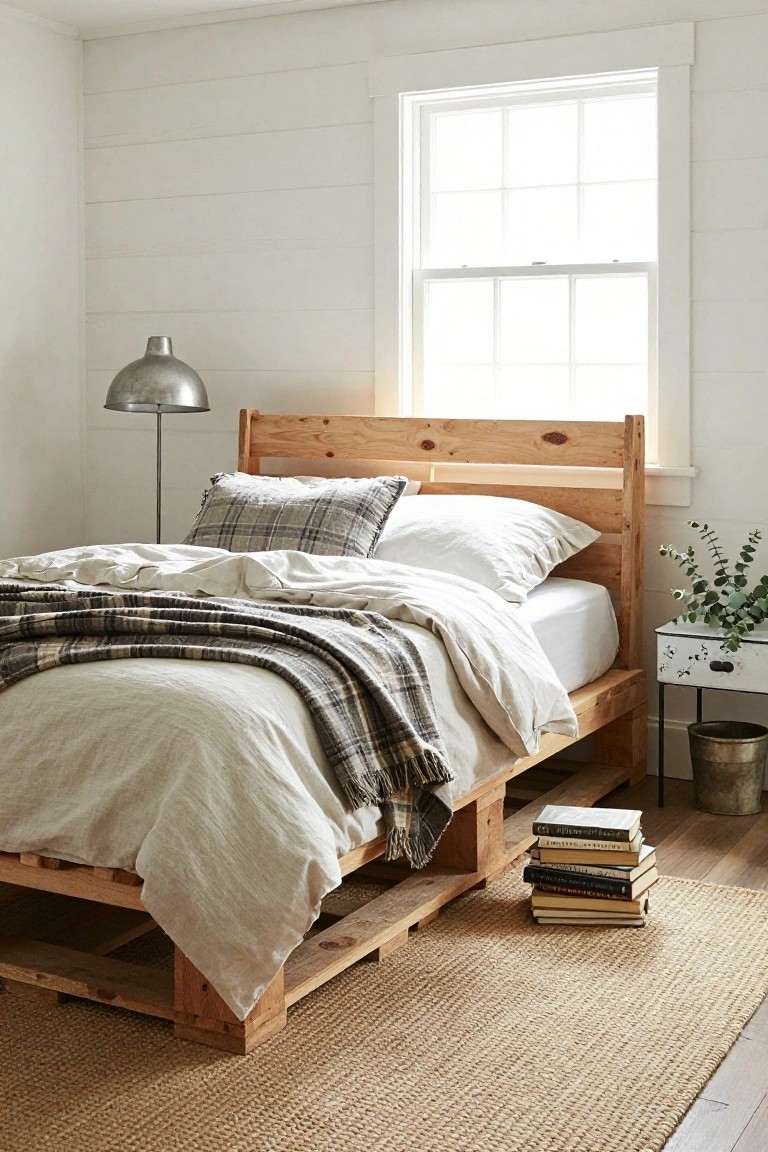 Bedroom with wooden pallet bed frame supporting mattress and white linens with gray plaid throw, beside window in white shiplap walls, metal lamp, side table with plant, and stack of books on seagrass rug
