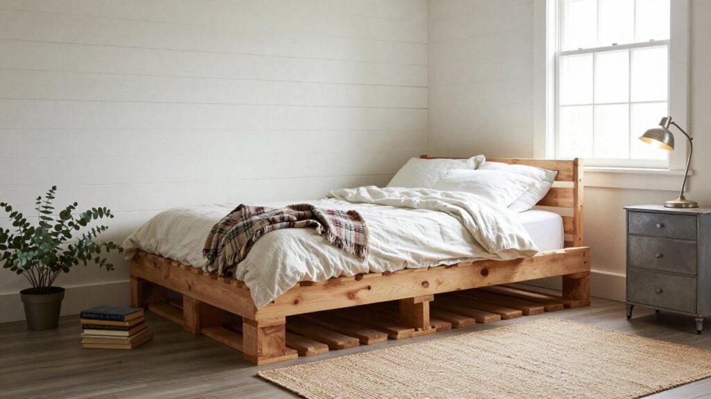 Bedroom with wooden pallet bed frame supporting mattress and white linens with gray plaid throw, beside window in white shiplap walls, metal lamp, side table with plant, and stack of books on seagrass rug