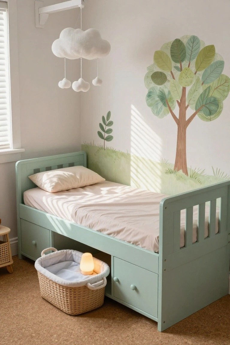 Mint green wooden toddler bed with beige sheets and pillow, storage drawers below, and wicker laundry basket nearby in a nursery room with green tree and grass wall decals and white cloud mobile overhead.