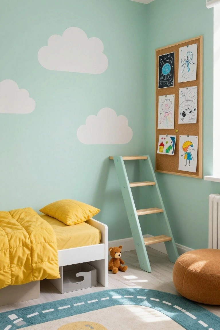 Child's bedroom with mint green walls decorated with white cloud stickers, wooden corkboard displaying kids' artwork, mint green ladder leaning against the wall, low white bed frame with yellow bedding and underbed drawer containing a white bin, teddy bear on bed, orange pouf, and teal road-pattern rug on light wood floor.