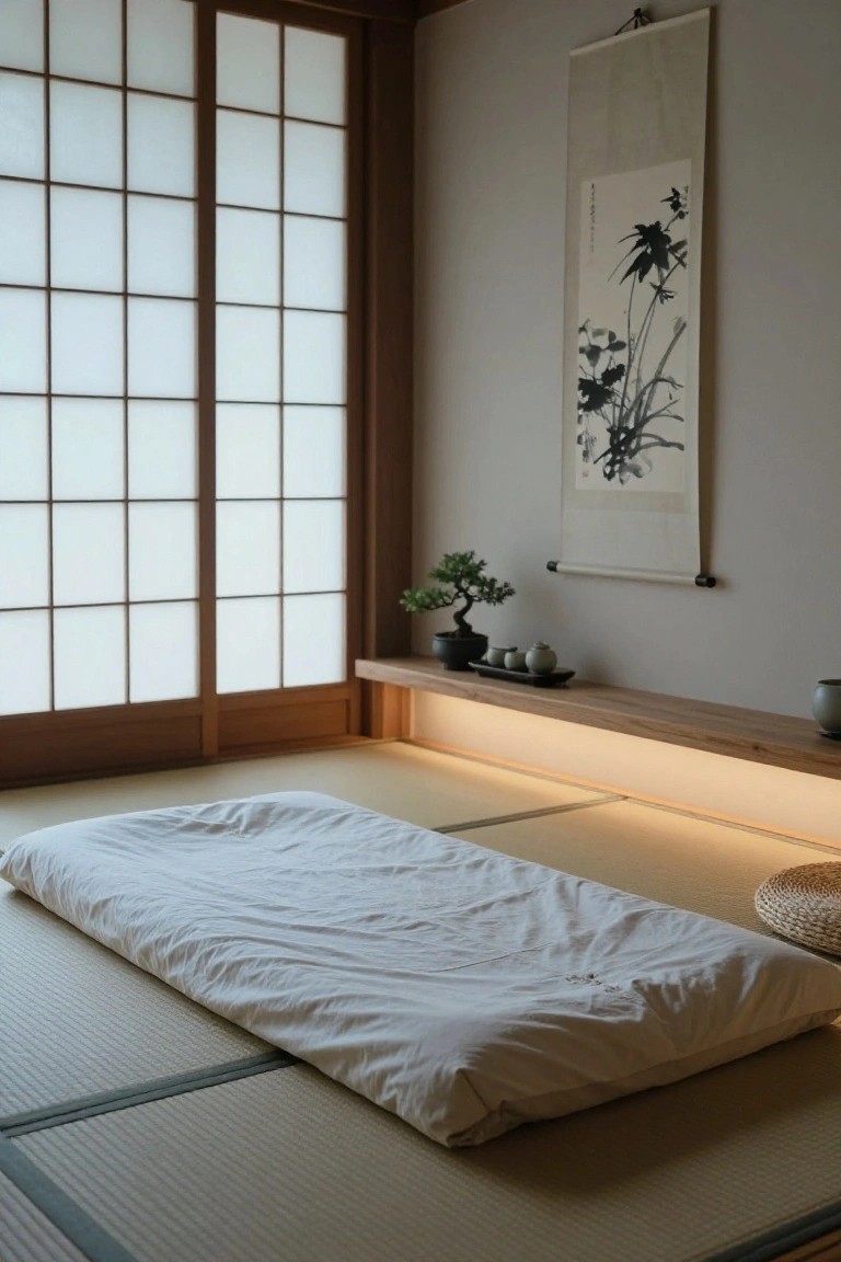 Minimalist Japanese bedroom interior featuring tatami floor mats, a white futon mattress, shoji sliding doors, a bonsai plant on a wooden shelf with teacups, and a hanging ink scroll on the wall.