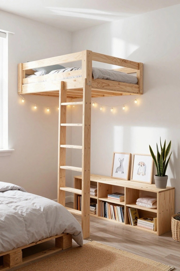 Bedroom with wooden loft bunk bed accessed by ladder, lower bed frame made from stacked pallets, integrated wooden bookshelf unit, neutral bedding, and potted plant.