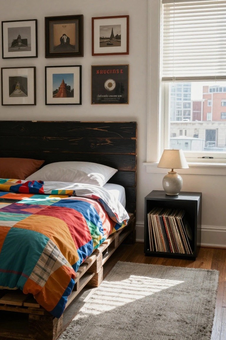 Bedroom with low pallet bed frame, dark charred wood headboard, colorful patchwork quilt, white and rust pillows, black bedside table holding vinyl records, lamp, and window with blinds overlooking buildings.