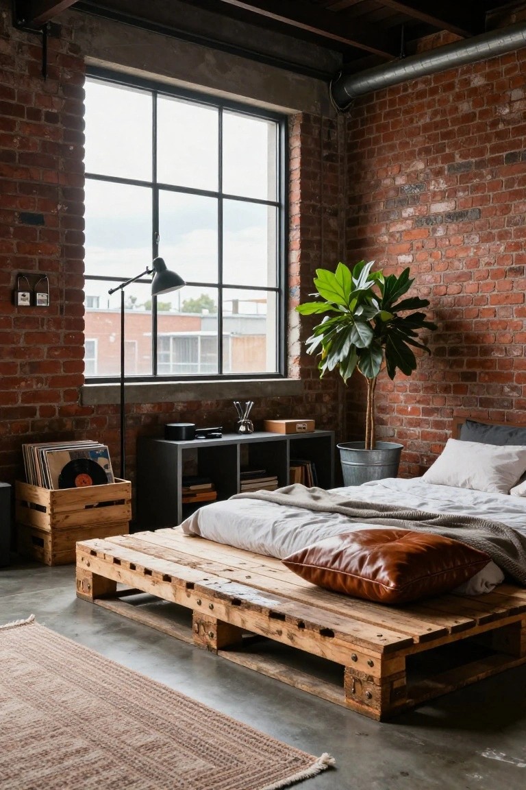 Industrial bedroom with exposed brick walls, large multi-pane window, wooden pallet bed platform with white bedding and brown leather pillow, tall plant in metal bucket, black shelving unit holding vinyl records, and wooden crates nearby.