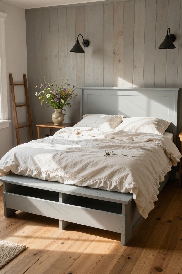 Light gray wooden platform bed frame with underbed drawers in a bedroom with gray shiplap walls, white ruffled bedding, wildflower vase on side table, ladder nearby, and hardwood floors.