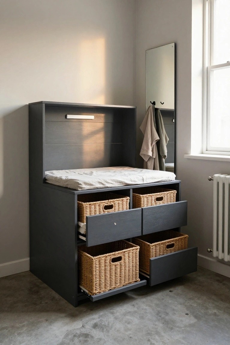 Gray wooden dresser in room corner with changing pad on top, open drawers holding wicker baskets, slatted back panel, nearby mirror with hanging towels, window, and radiator on concrete floor.