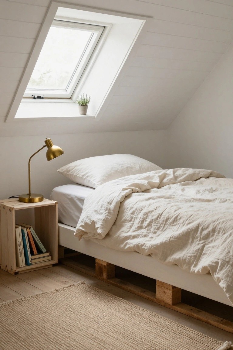 Attic bedroom with white bed on wooden pallet frame raised by blocks, gold desk lamp on wooden nightstand with books, skylight window with plant, and beige rug on wood floor.