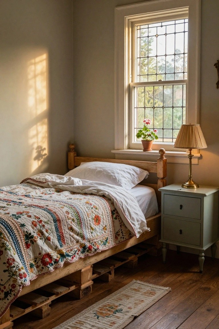 Small bedroom with a low wooden pallet bed frame topped by a mattress, white sheets, and multicolored quilt, next to a green nightstand and lamp beside a leaded glass window with potted plant.