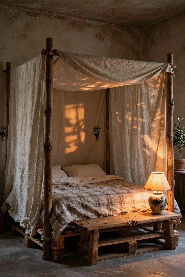 Rustic four-poster canopy bed on wooden pallet base with beige draped fabric, wooden bench, lamp, and vase in a plaster-walled bedroom.