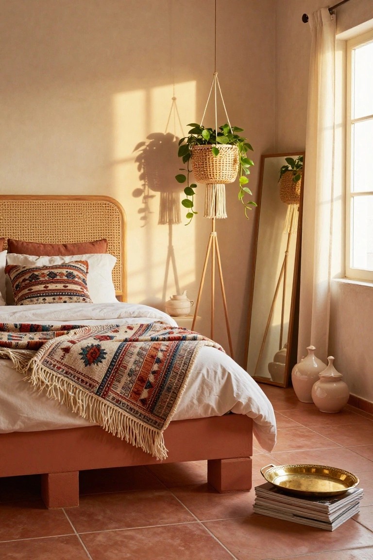 Bedroom with low wooden platform bed supported by terracotta blocks, rattan headboard, white bedding with colorful woven throw, hanging basket plant, tripod floor mirror, and terracotta tile floor.