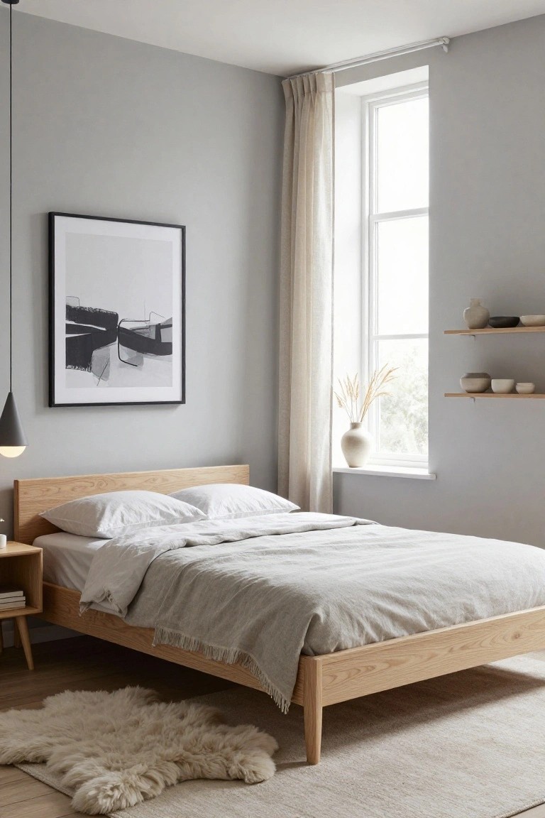 Light oak platform bed with white linen bedding and pillows in a gray bedroom with beige curtains on a window, floating wooden shelves holding ceramics, abstract black and white wall art, pendant light, nightstand, and cream sheepskin rug on light wood floor.
